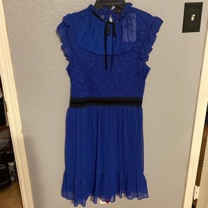 High neck royal blue lace ruffles ribbon midi dress
